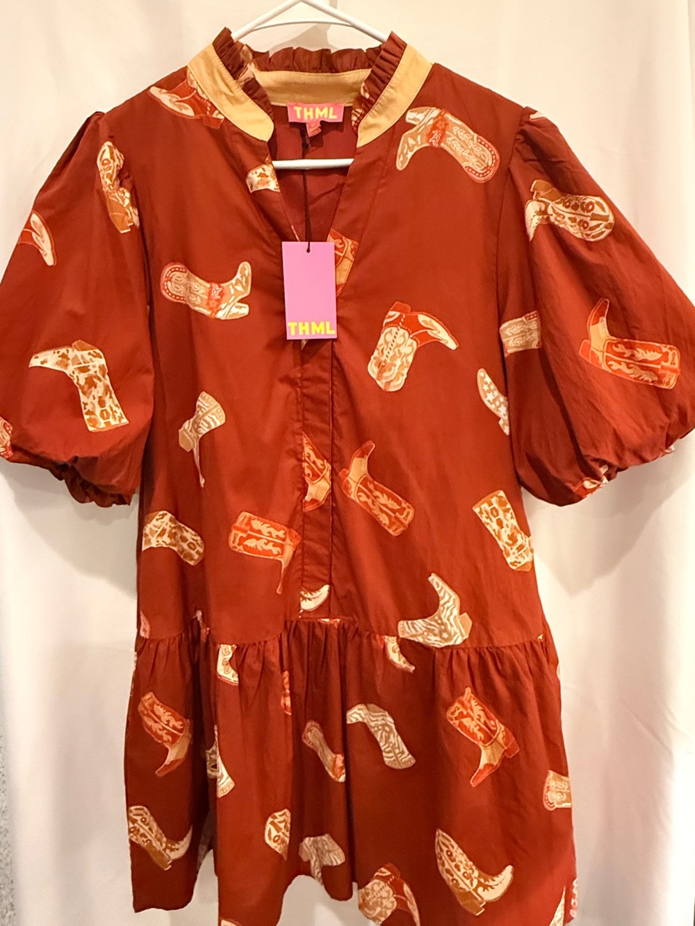 THML Rust and Cream Western Boot Print Dress with Ruffled Collar